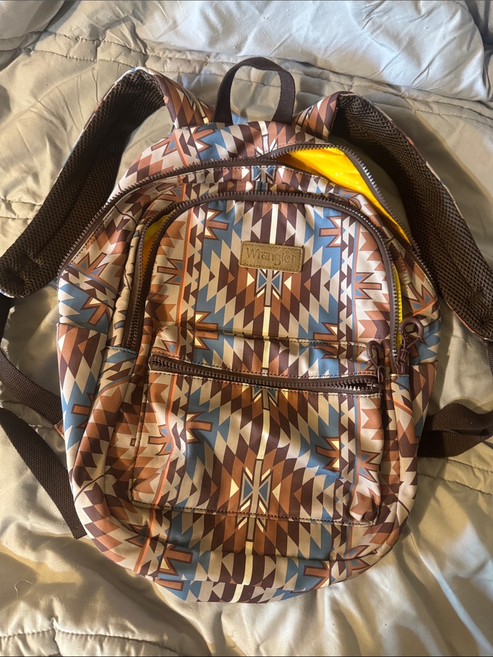 Wrangler Brown Blue Tan Geometric Print Backpack